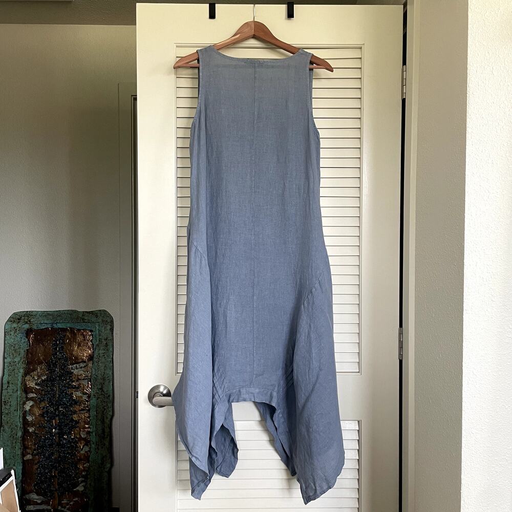Made in Italy Linen Slate Blue Asymmetrical Midi Dress S Lagenlook Minimalist - Picture 5 of 9